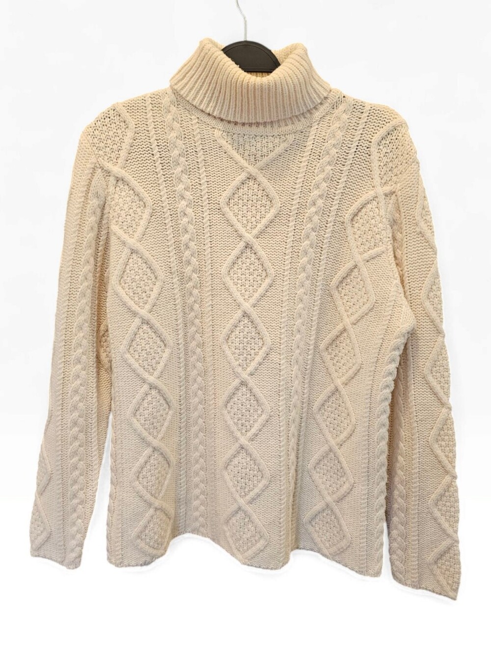 Vtg EDDIE BAUER Collectibles Women Cream Wool Cable Knit Sweater L Made UK